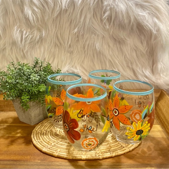 Set of 4 Field of Flowers Stemless Glass by Cypress Hand Painted - Picture 5 of 6